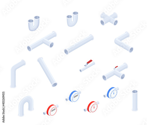 Fotografering Vector isometric set of plumbing pipes and other elements isolated on white