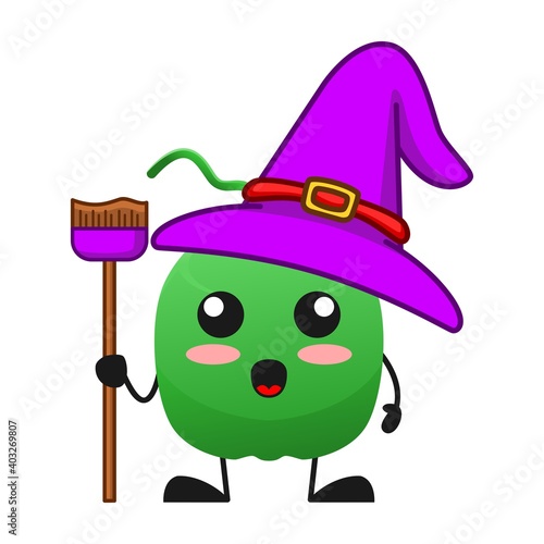 vector illustration of cute coconut fruit halloween or character witch broom. cute coconut fruit Concept White Isolated. Flat Cartoon Style Suitable for Landing Page, Banner, Flyer, Sticker.