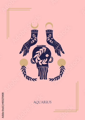 Zodiac sign Aquarius in boho style on the pink background. Trendy vector illustration.