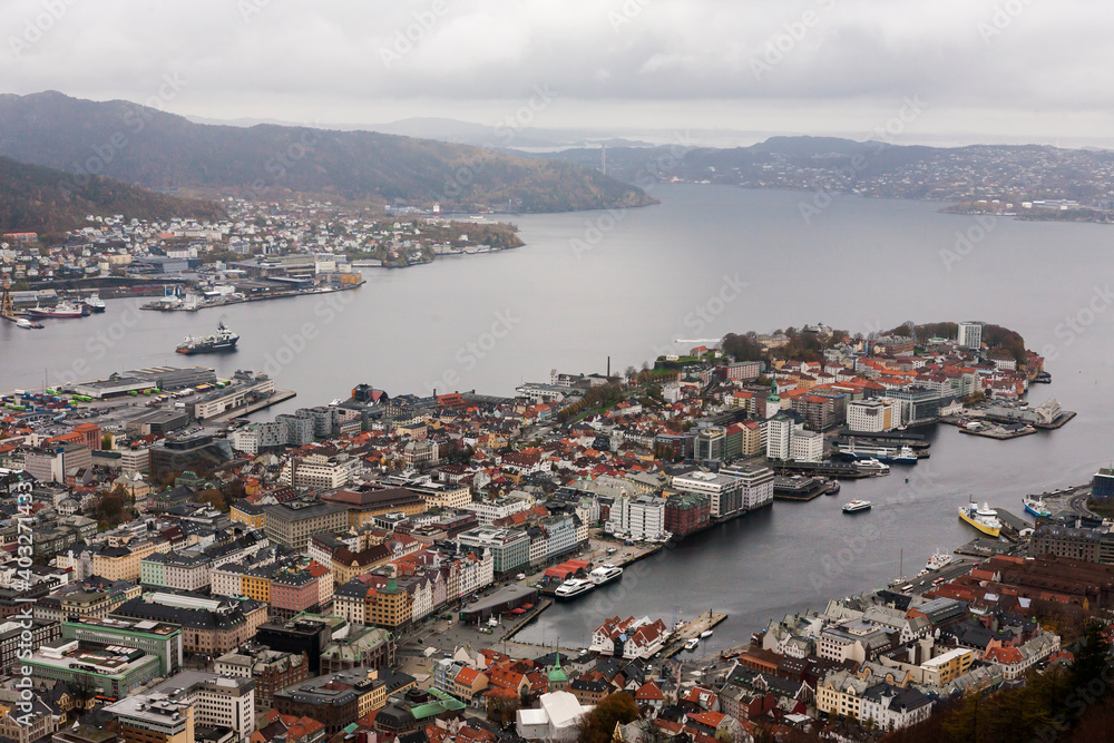 View over Bergen, Hordaland, Norway, from Mount Fløyen on an overcast Autumn day