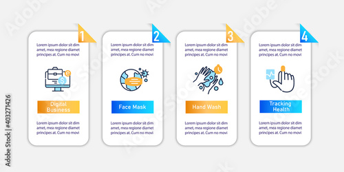 New normal concept vector infographic. Health care template for presentations, workflow layout, info chart, banner. New life after covid19 pandemic outbreak. Design elements with icons and 4 steps