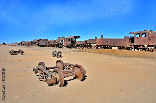 The train cemetery, Salar de Uyuni or salt desert of Uyuni, Bolivia, South America photo