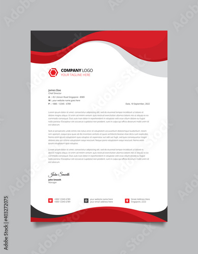 Corporate business letterhead template. Letterhead design with red and black curvy shape