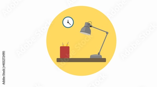 Vector Isolated Illustration of a Work Desk, with a desk lamp, pencils and a clock