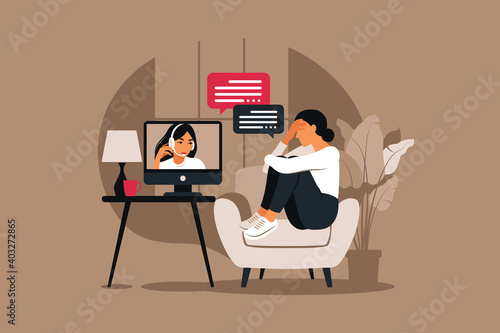 Online therapy and counselling under stress and depression. Young woman psychotherapist supports female with psychological problems. Vector
