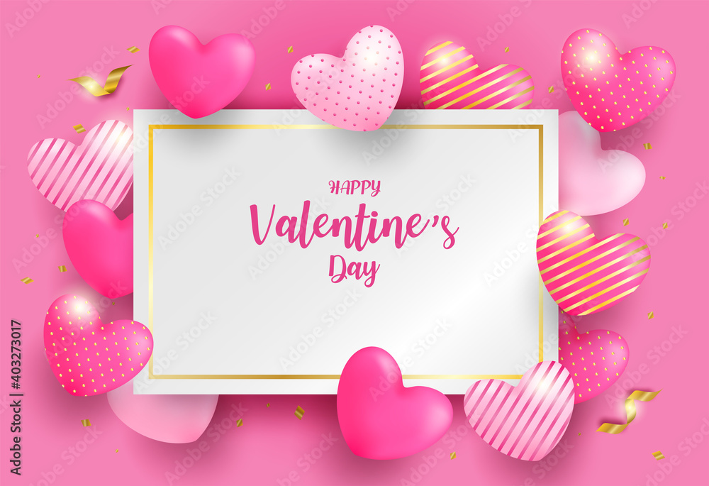 Happy Valentine day background. Design with pink, gold heart and gold foil confetti on pink background. Vector. Happy Valentine day background. Design with pink, gold heart and gold foil confetti on pink background. Vector.