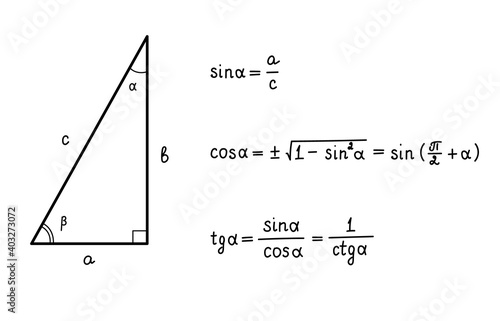 Basic trigonometric identities.Formulas for calculating sinus,cosine,tangent,cotangent.Triangle.Education,school program. Higher mathematics.Handwritten math text.