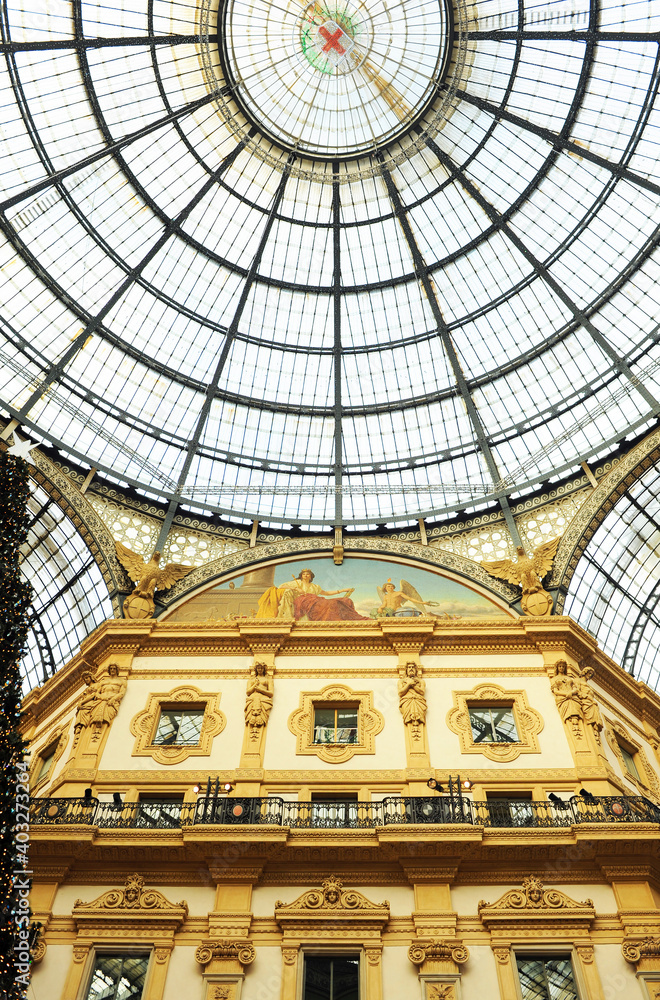 Glass dome of the gallery - Galleria Vittorio Emanuele II in Milan, Lombardy, Italy. Built between 1865 and 1877, it is an active shopping center for major fashion brands.