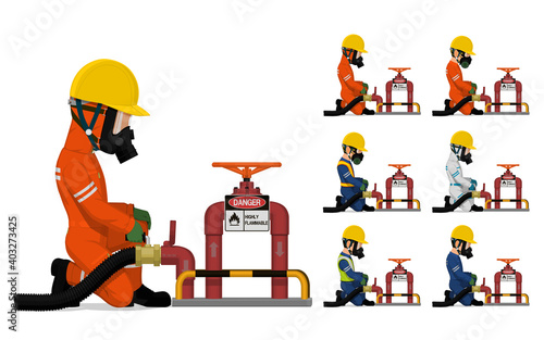 Set of worker is releasing some chemical into the pipe