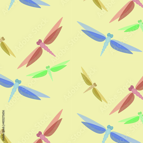 Abstract vector seamless red, green, yellow and blue dragonflies on yellow background