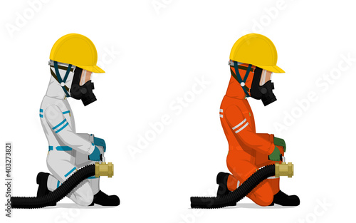 Set of industrial worker with big hose on white background