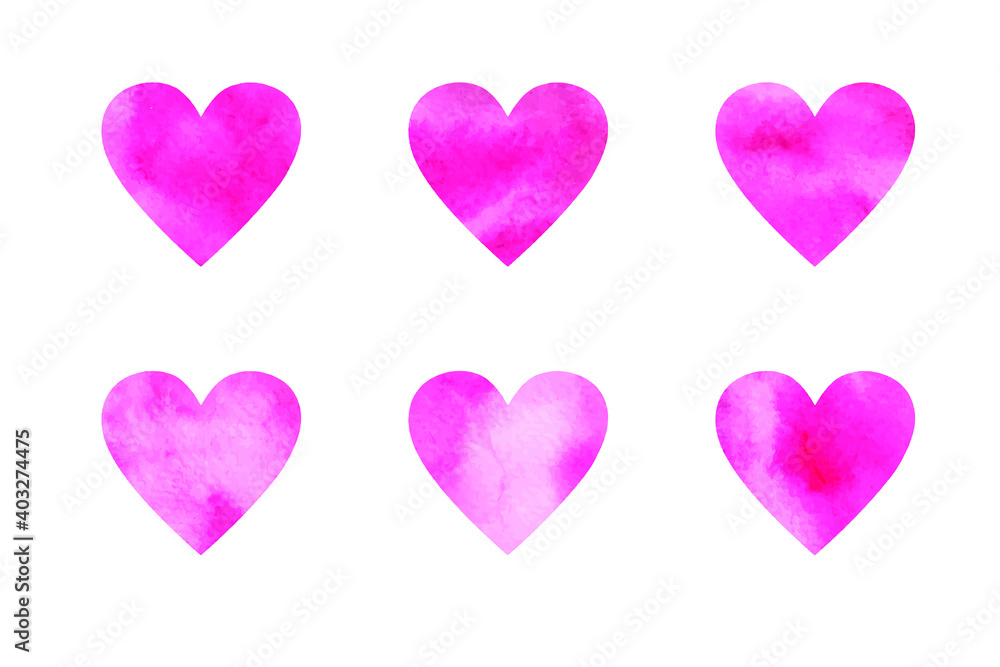 Set of vector pink watercolor hearts. Valentine's Day.