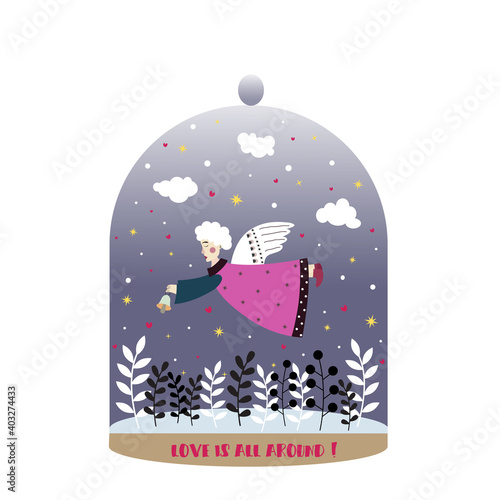 Cartoon style love angel with the bell in a snow globe.  Isolated object on white background. Greeting card, print, poster