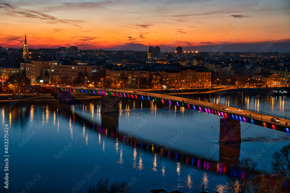 Rainbow bridge in Novi Sad, Serbia at night