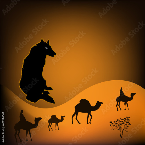 She-wolf, camel caravan, dunes, desert - hot sun - art, abstract, illustration - vector. Animal world