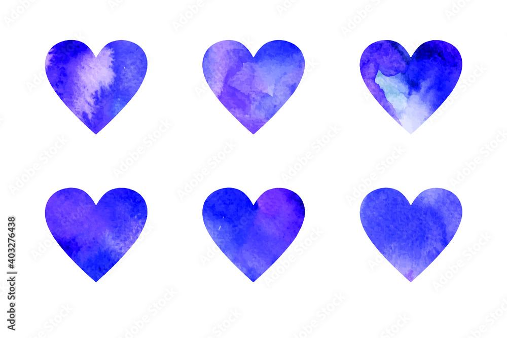 Set of vector blue watercolor hearts. Valentine's Day.