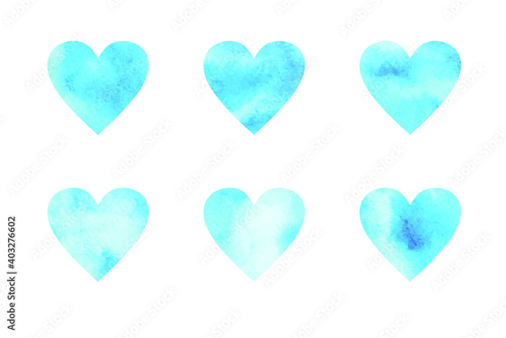 Set of vector blue watercolor hearts. Valentine's Day.