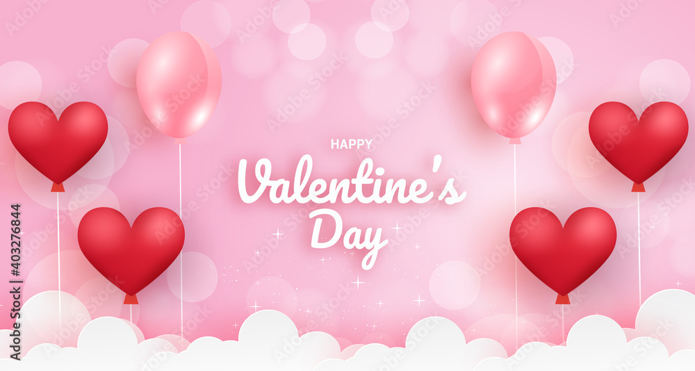 Valentine's day background with hearts balloons on a pink background.