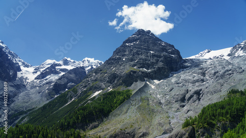 Mountain landscape along the road to Stelvio pass at summer. Glacier