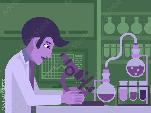 A scientist working in a scientific laboratory with microscope and other science lab equipment