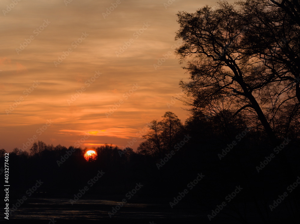 Sunrise over the river, sunrise over the river, contour of trees against the background of the rising sun Sunrise over the river, sunrise over the river, contour of trees against the background of the rising sun