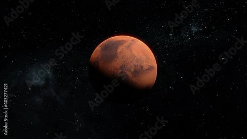 Tracking in shot of Mars flying trough the space with stars on the background. Zoom in 3d 4k visualisation of Mars red planet 