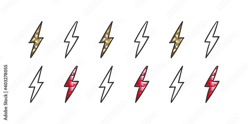 Lightning icon set. Lightning with glitter. Red and gold glitter. Trendy design. Vector illustration Lightning icon set. Lightning with glitter. Red and gold glitter. Trendy design. Vector illustration