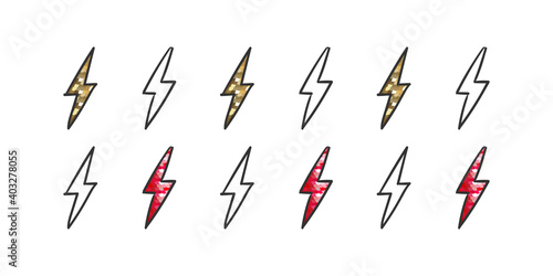 Lightning icon set. Lightning with glitter. Red and gold glitter. Trendy design. Vector illustration