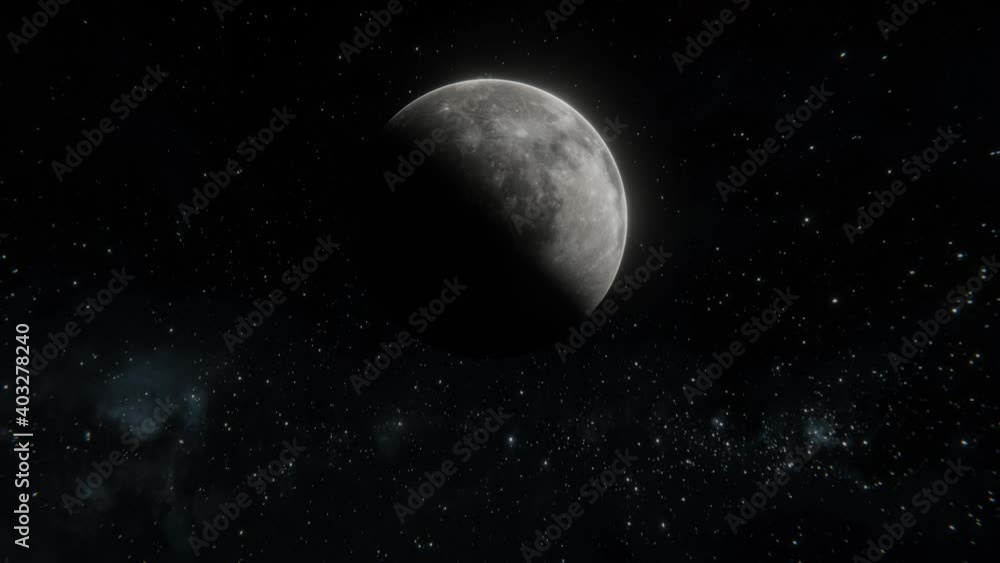Zoom in realistic shot of the Moon in open space over stars. Flying to the Moon for landing Zoom in realistic shot of the Moon in open space over stars. Flying to the Moon for landing