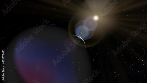 Dynamic shot flying by the Earth in open space with sun flare in the lens. Earth illuminated by the Sun epic view