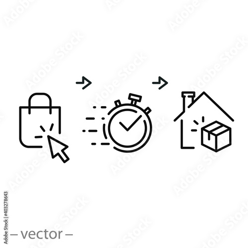 instant collect with click icon, buy online, fast time delivery on the home, quick receive order, thin line symbol on white background - editable stroke vector illustration eps10