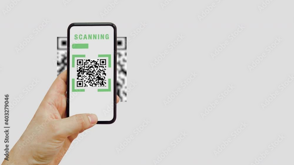 Smartphone in hand scanning QR Code, blue panel animation 4K