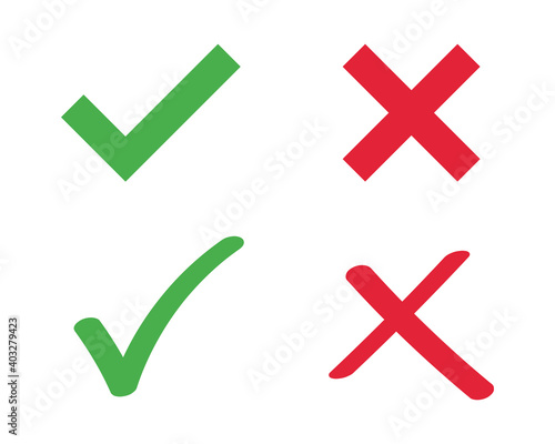 Check mark and cross in different versions. Positive and negative sign. Vector icons