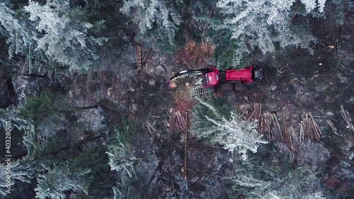 Logging Machine in the woods. Forest machinery, Cutting trees aerial shot