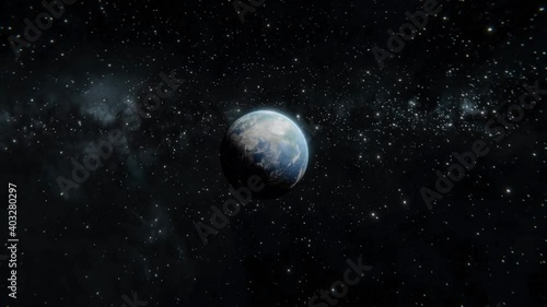 Dynamic tracking in Earth planet from space flying on orbit over stars background in 4k
