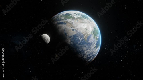 Tracking out view of Earth from space with Moon flying around on earth orbit. Zoom out view in 4k