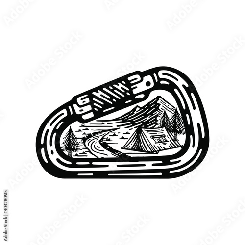 Design Camping and mountain landscapes inside the Carabiner illustration, doodle vintage