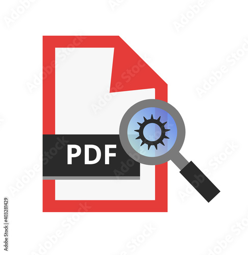 Vector illustration of pdf preflight check or correction. PDF with a magnifying glass and gear. Prepress and publishing concept. Printing, graphic, and design industry. Poorly or well-prepared PDF.