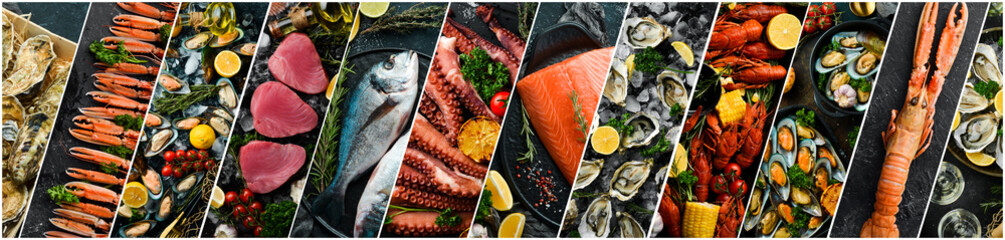 Photo collage. Seafood: Fresh fish, crustaceans and shellfish on a black background.