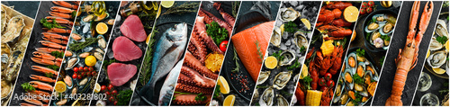 Photo collage. Seafood: Fresh fish, crustaceans and shellfish on a black background. photo