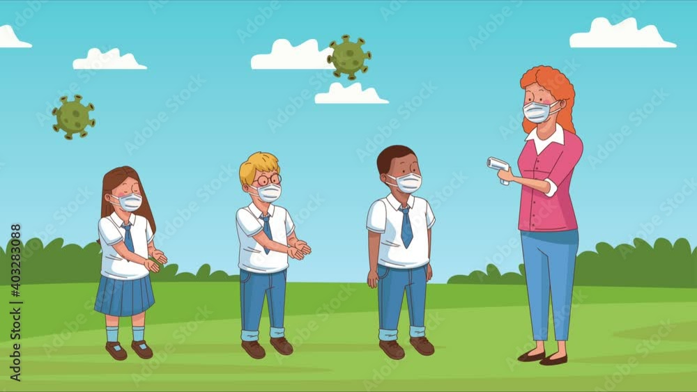 teacher and students wearing medical masks in the camp teacher and students wearing medical masks in the camp