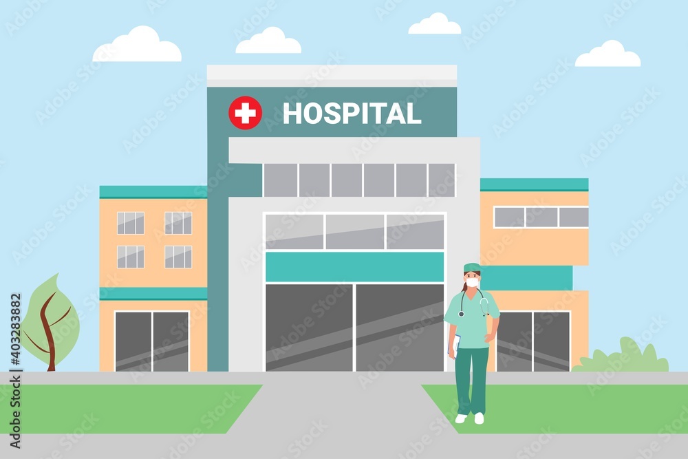 The hospital building is professional medical center. Modern Hospital  Outdoor.Professional doctor on Clinic Backdrop. Vector Flat Cartoon Illustration