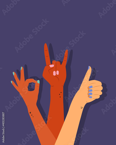 Girl power. Feminism concept. Set of woman Hands showing different gestures isolated.  Peace, thumb up, OK. Power concept. Trendy colorful hand vector illustration in flat cartoon style