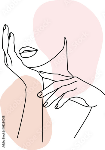 Minimalist silhouette of sexy woman holding her face on hands. Black and white and pastel colours vector illustration. One line drawing.