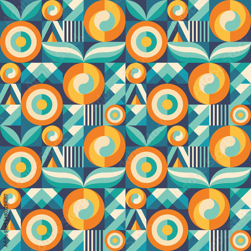 Background fruits and green leaves nature. Abstract geometric seamless pattern. Decorative ornament in flat design style. Ripe harvest banner. Floral backdrop. Organic vegetables product. Tropical.