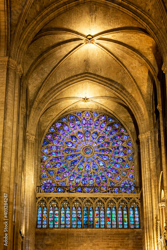 Stained glass windows in Notre Damme Cathedral In Paris, France before the fire