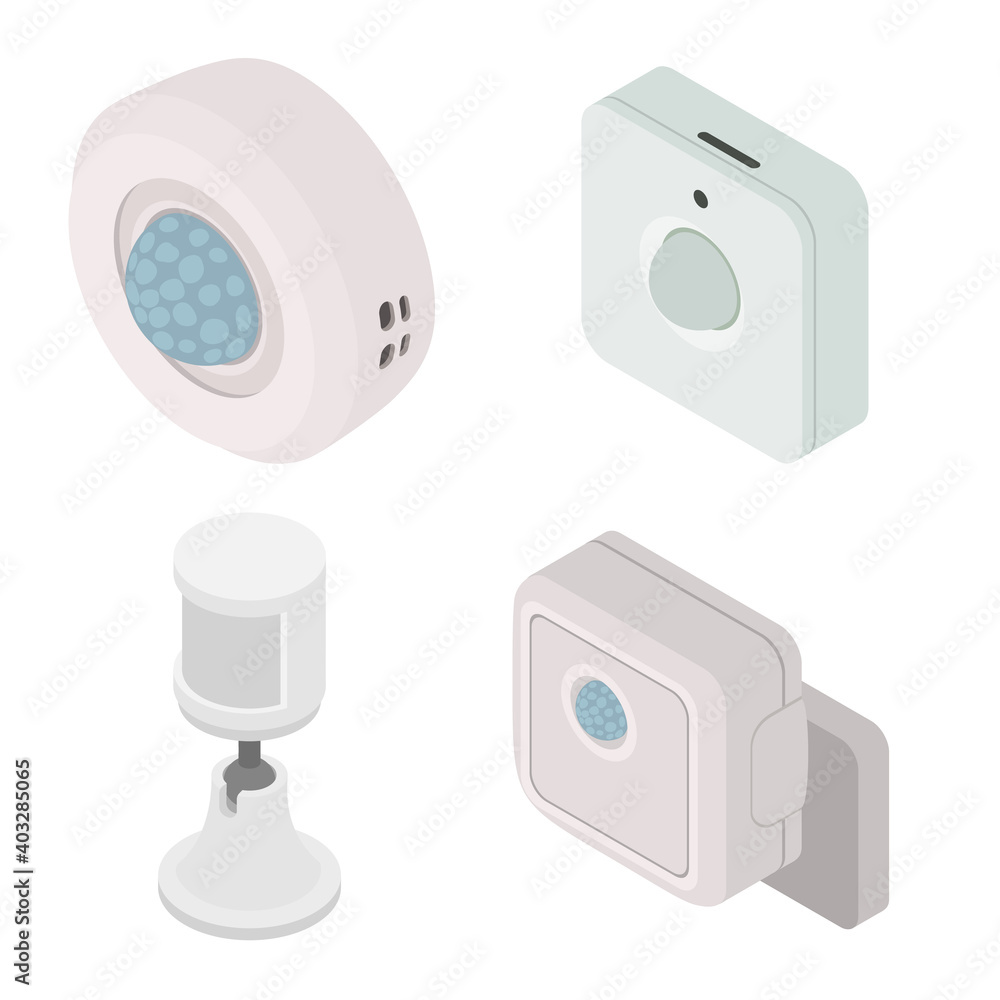 Motion sensor icons set. Isometric set of motion sensor vector icons for web design isolated on white background Motion sensor icons set. Isometric set of motion sensor vector icons for web design isolated on white background