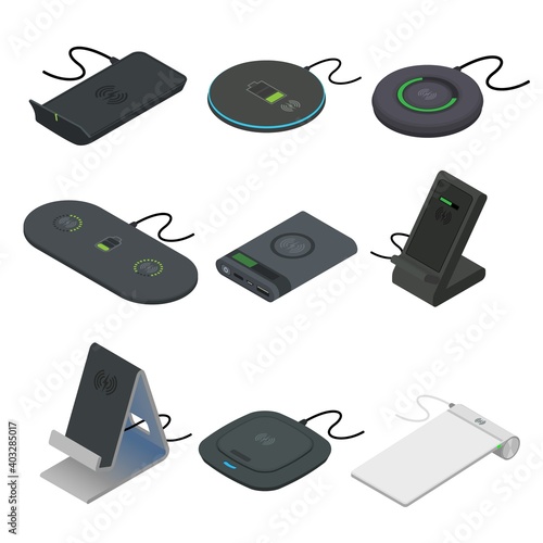Wireless charger icons set. Isometric set of wireless charger vector icons for web design isolated on white background