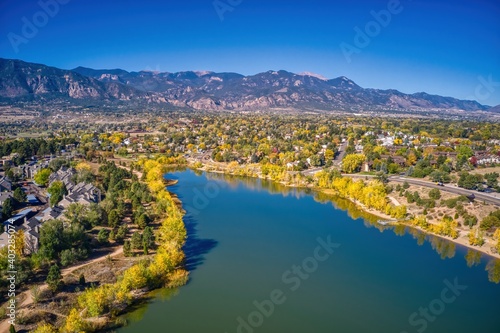 Aerial View of Colorado Springs with Autumn Colors