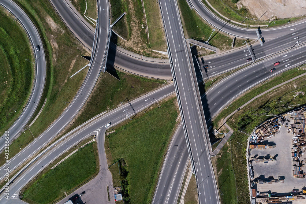 Aerial high above view of modern road junction Aerial high above view of modern road junction